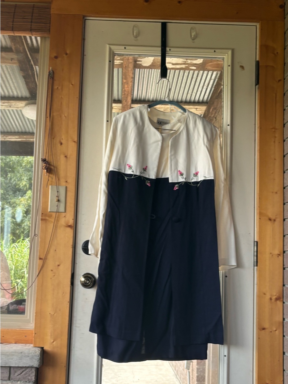 S.L. Fashions 2 piece-Navy and Cream Long Sleeve Embroidered Dress with Jacket
